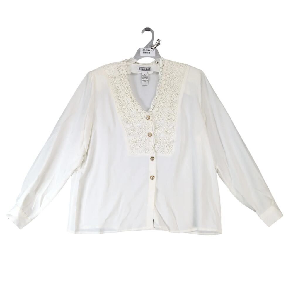 Vtg Christie & Jill Ivory Crochet Lace Blouse Women's 18 Gold Pearl Buttons V-Nk